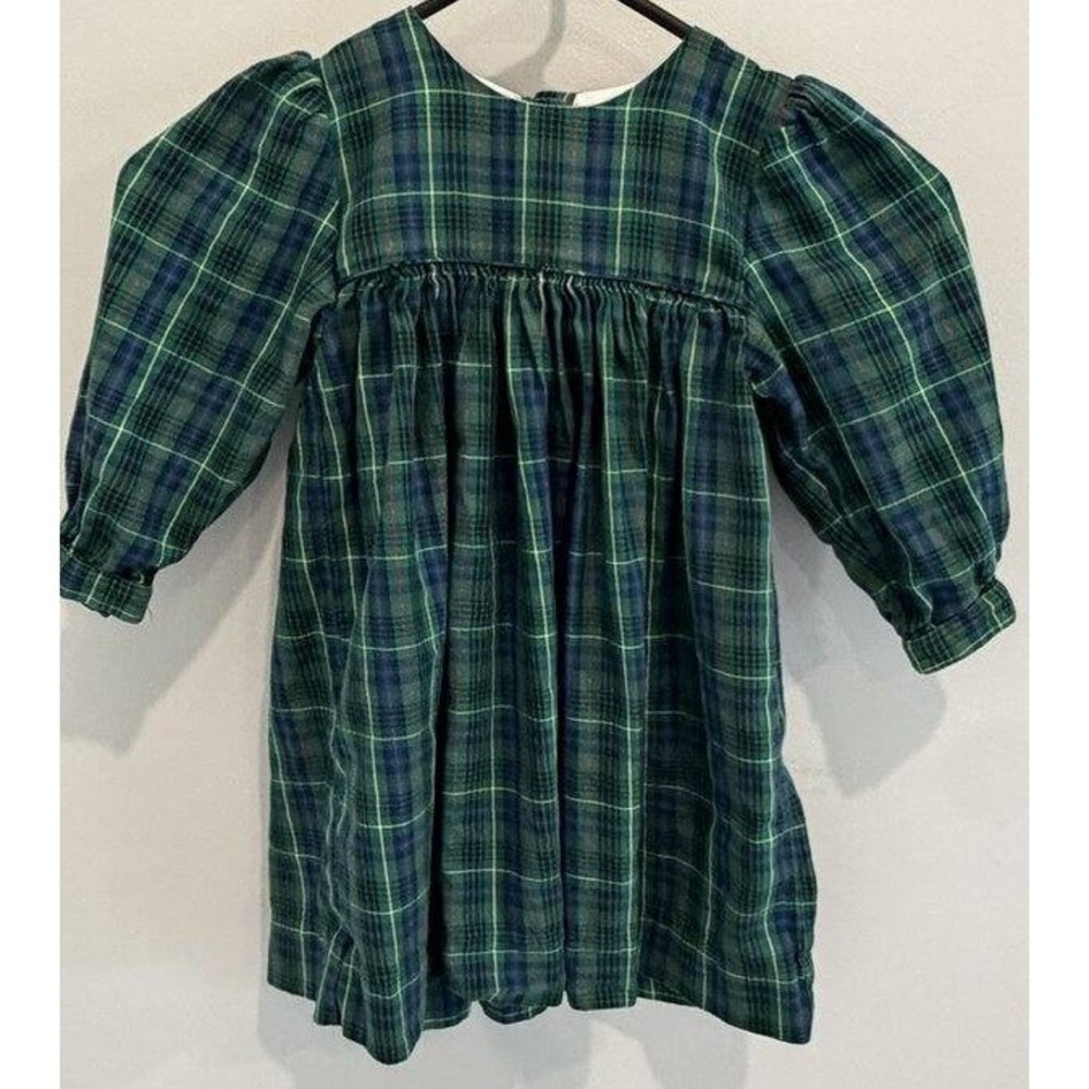 Strasburg Girls Green Tartan Holiday Plaid Dress Gathered Long Puff Sleeve 24